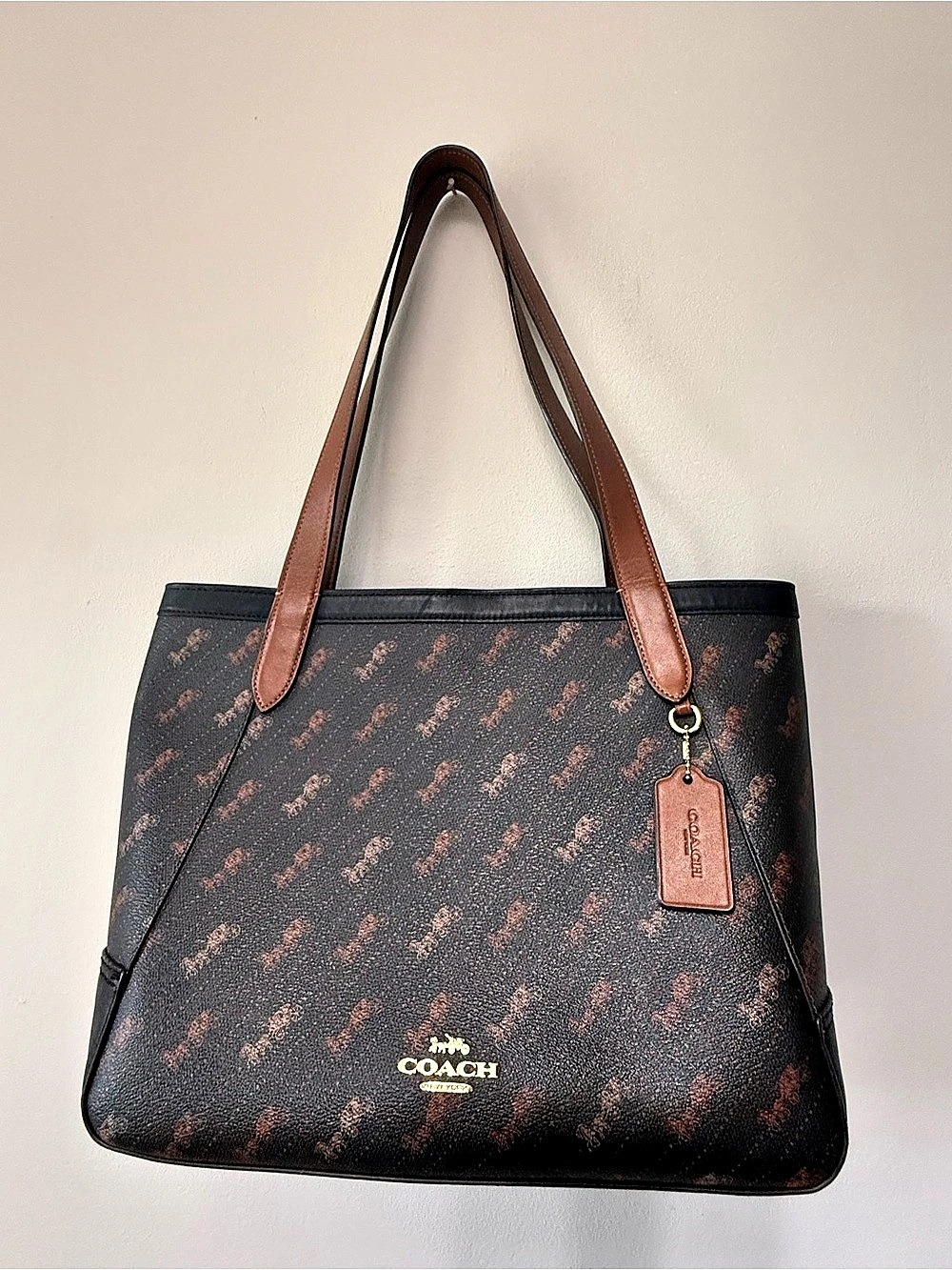 Coach Horse and Carriage Dot Print Town Tote Black & Brown